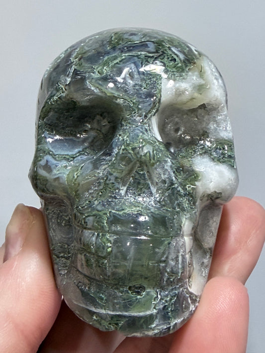 Moss Agate Druzy Skull – 6.5cm 265g