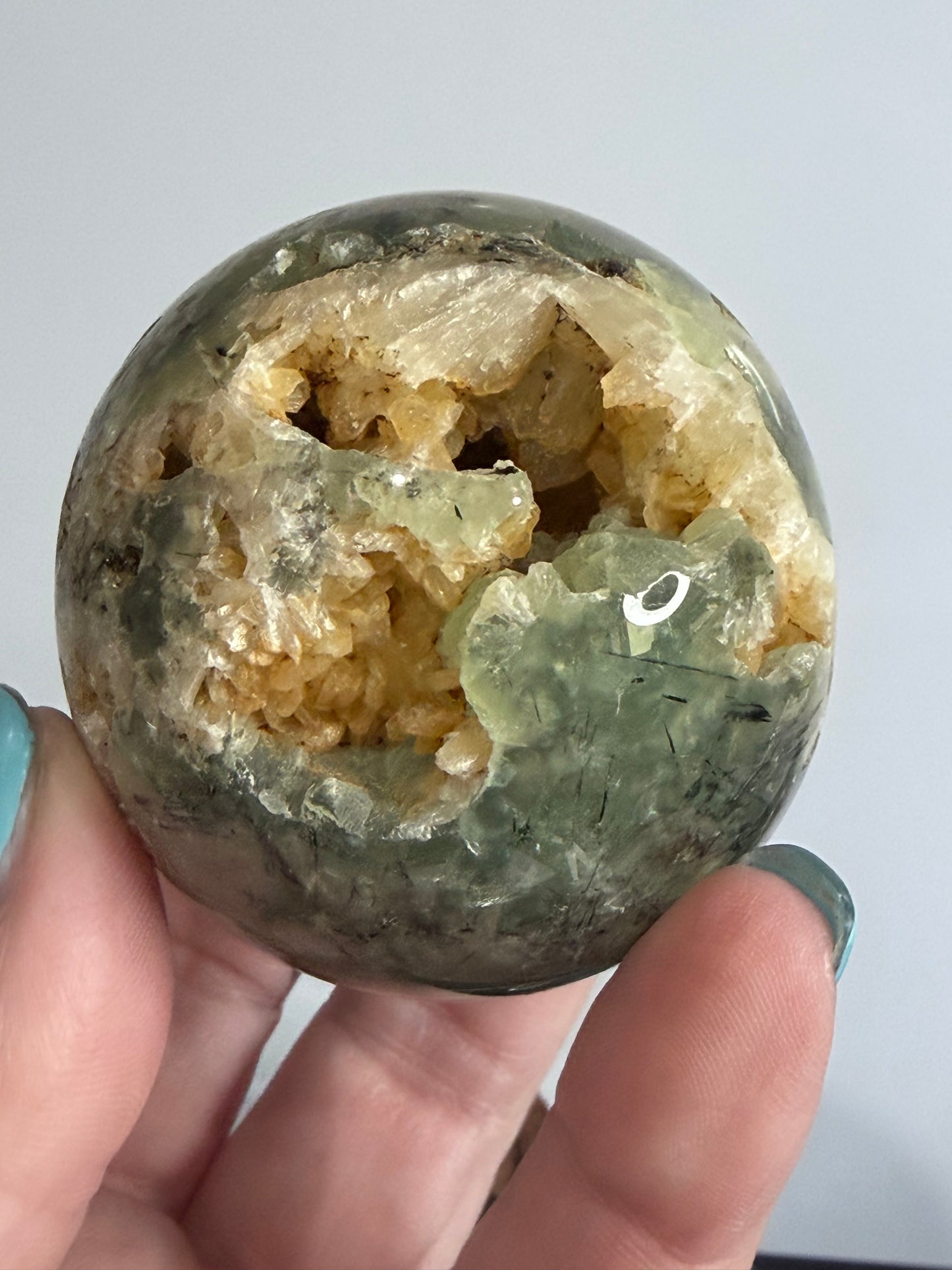 Prehnite with Epidote & Calcite Crystal Cave Sphere C - 5.7cm