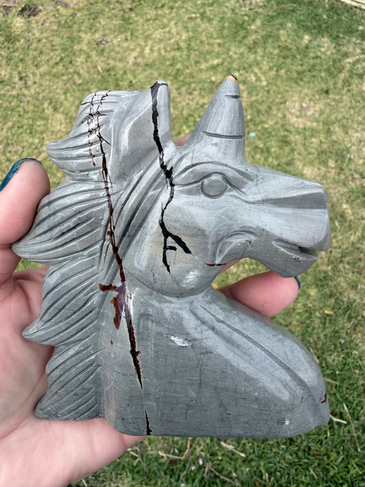 Picture Jasper Grey Unicorn Head Carving 450g 12cm