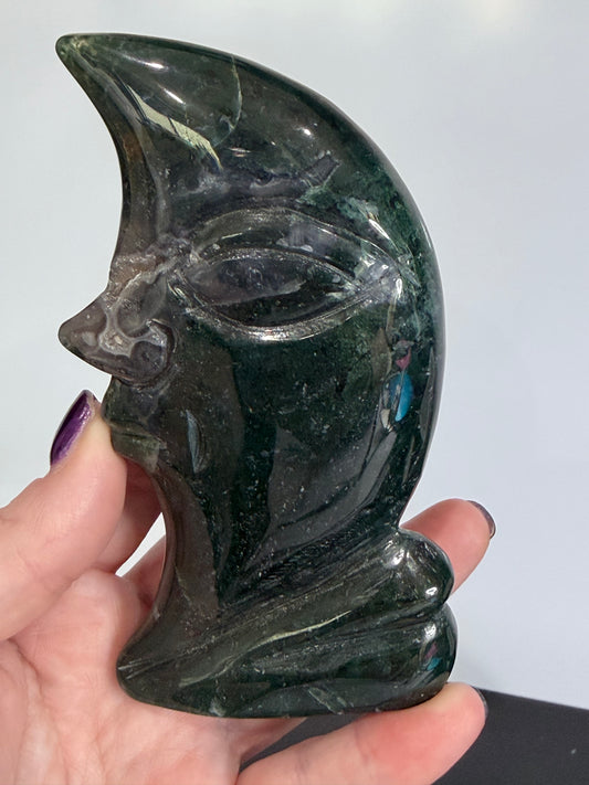 Moss Agate Moon Face Carving – 12cm