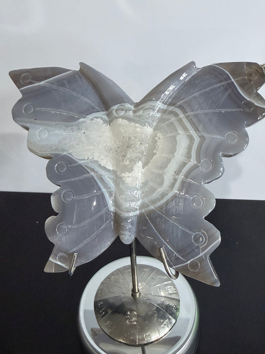 Agate Druzy Butterfly Carving with Metal Zodiac Stand – 15cm