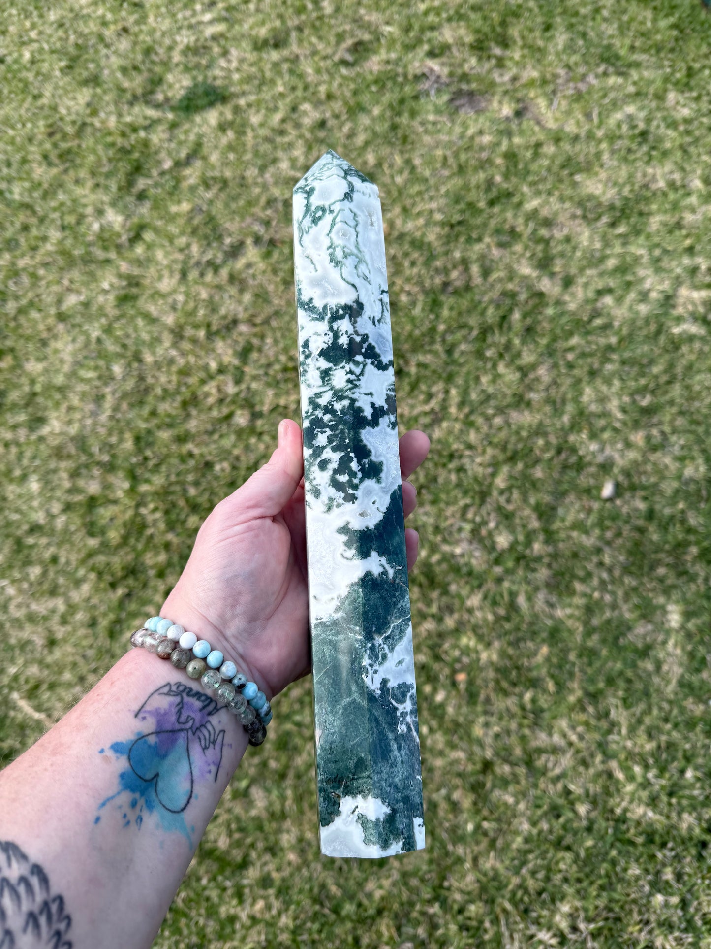 Extra Large Moss Agate Tower with Druzy 35cm 1.4kg