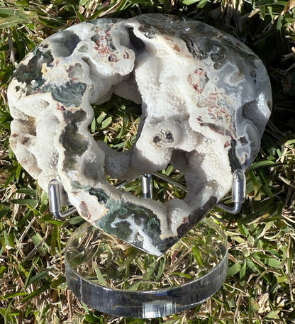 Unique Moss Agate Druzy Heart with Stand