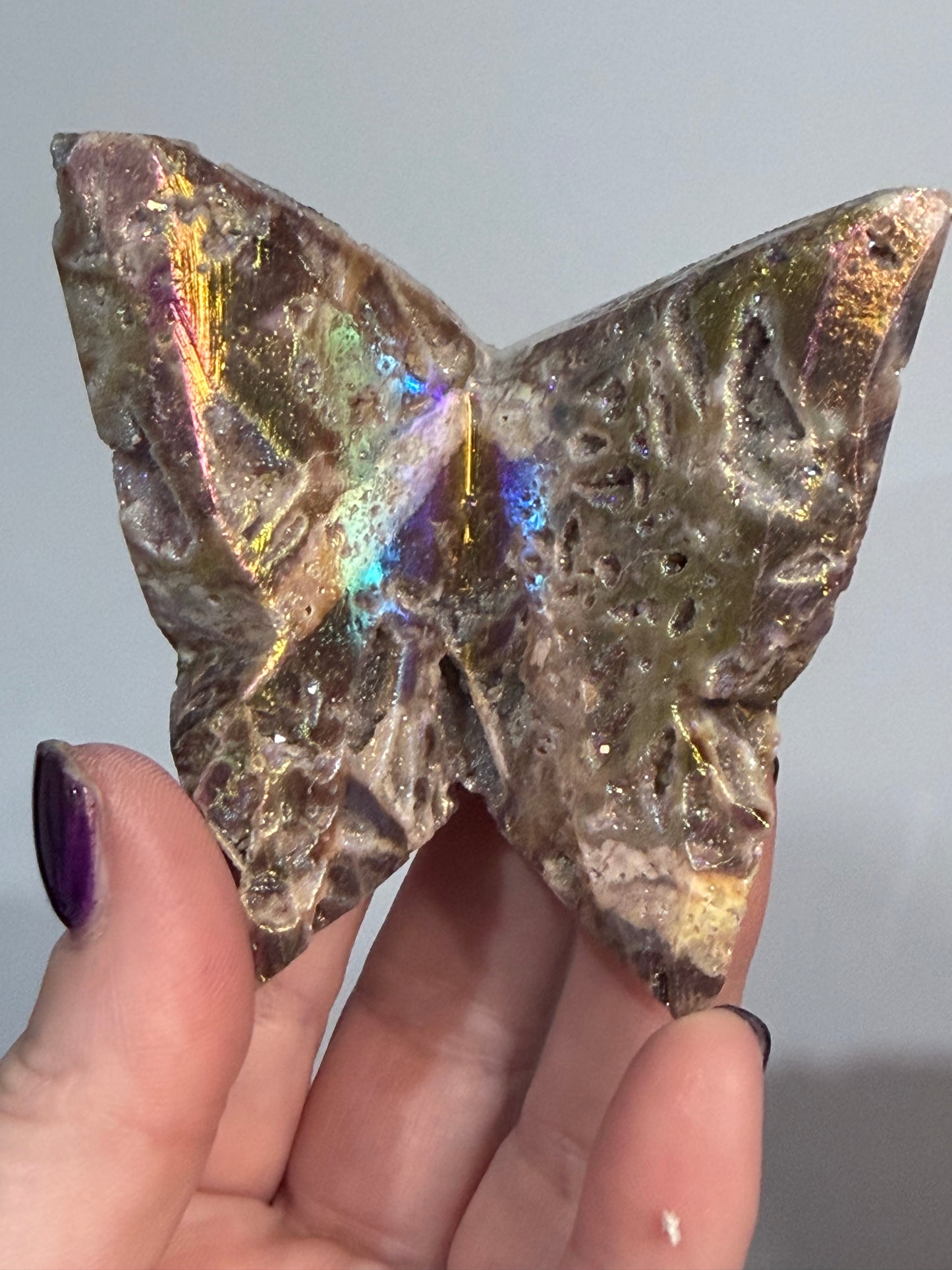 🌈 Aura Sphalerite Druzy Butterfly Carving E