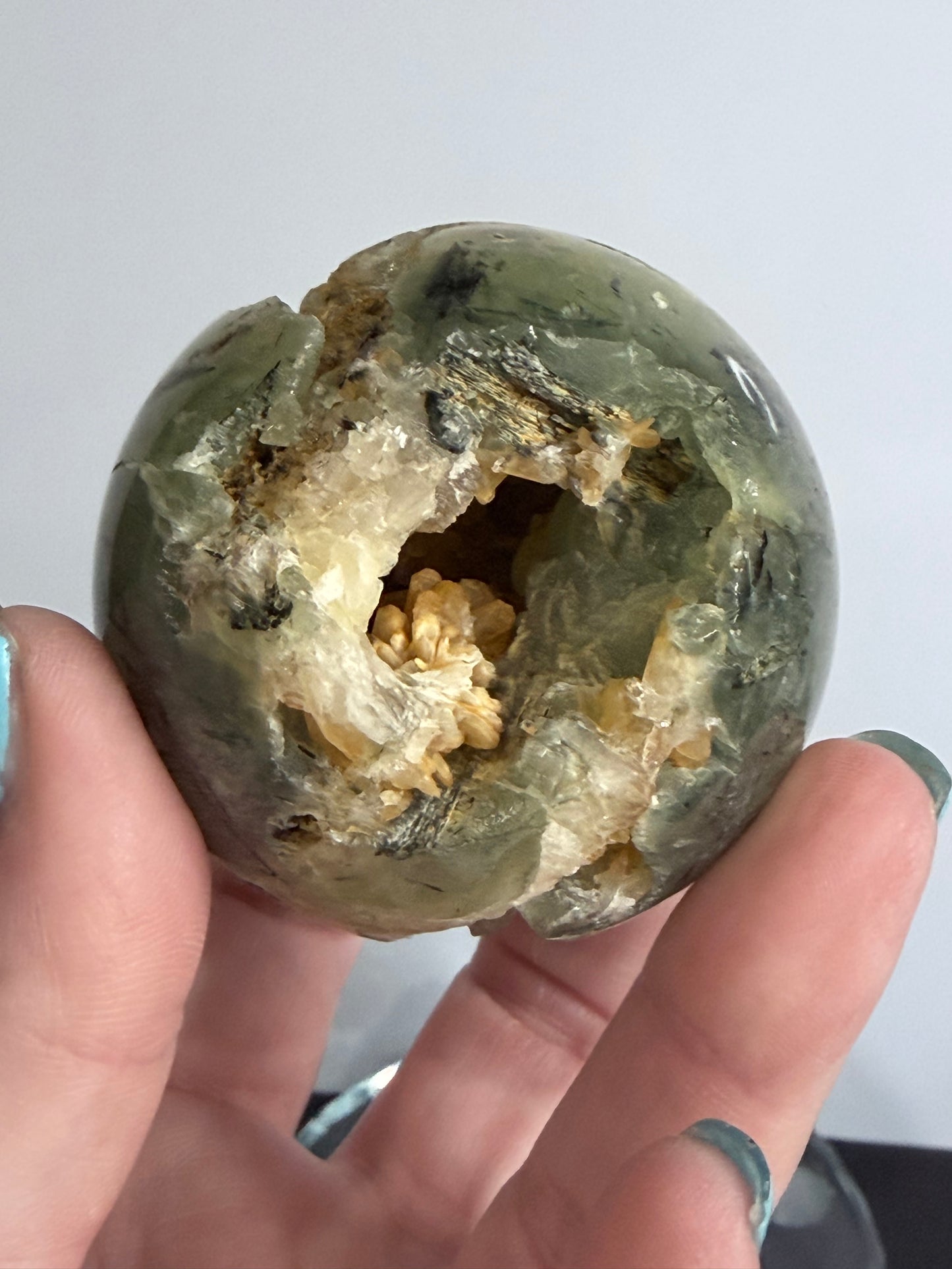 Prehnite with Epidote & Calcite Crystal Cave Sphere C - 5.7cm