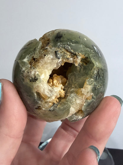Prehnite with Epidote & Calcite Crystal Cave Sphere C - 5.7cm
