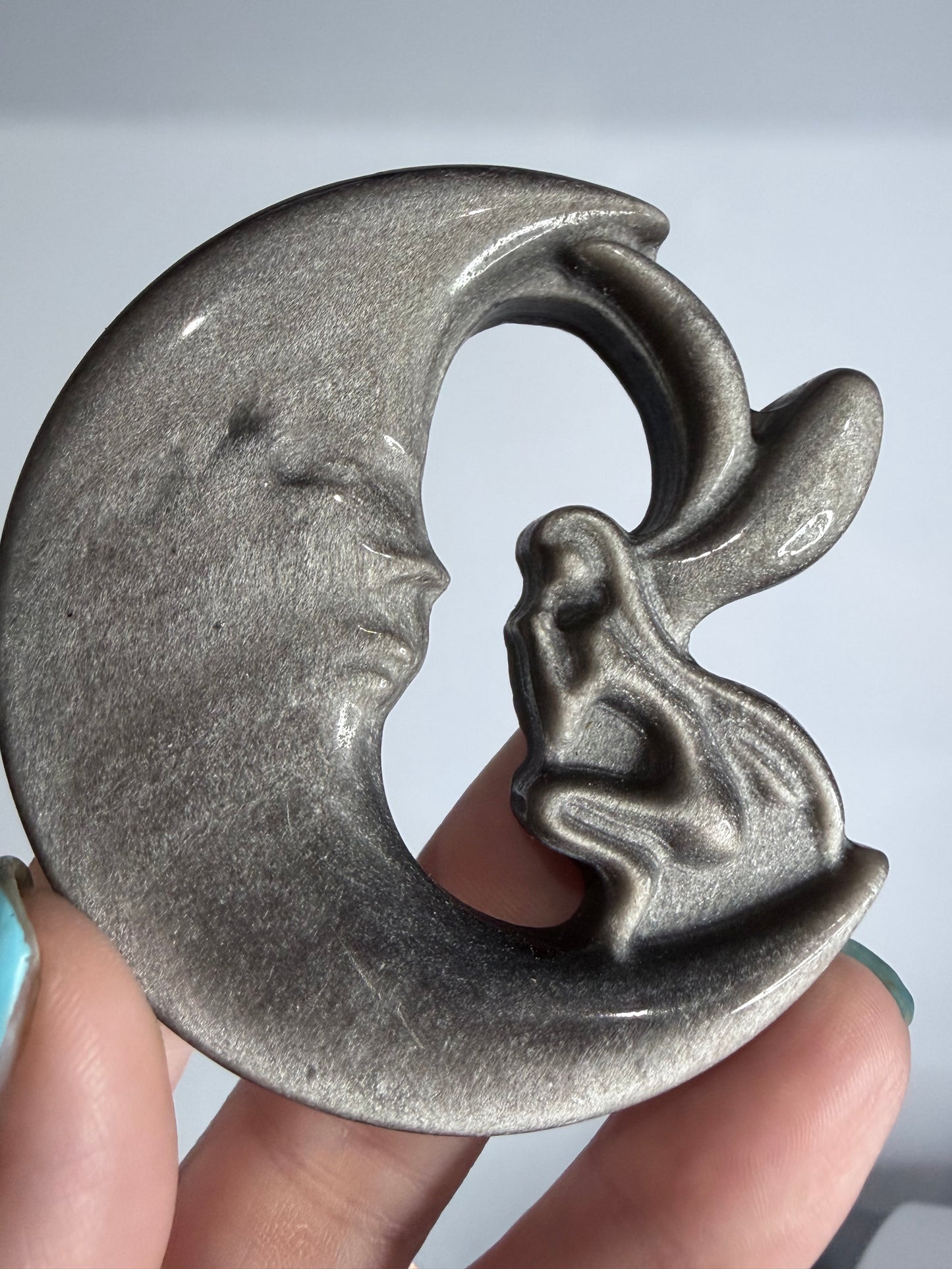 Silver Sheen Obsidian Fairy & Moon Carving On Stand