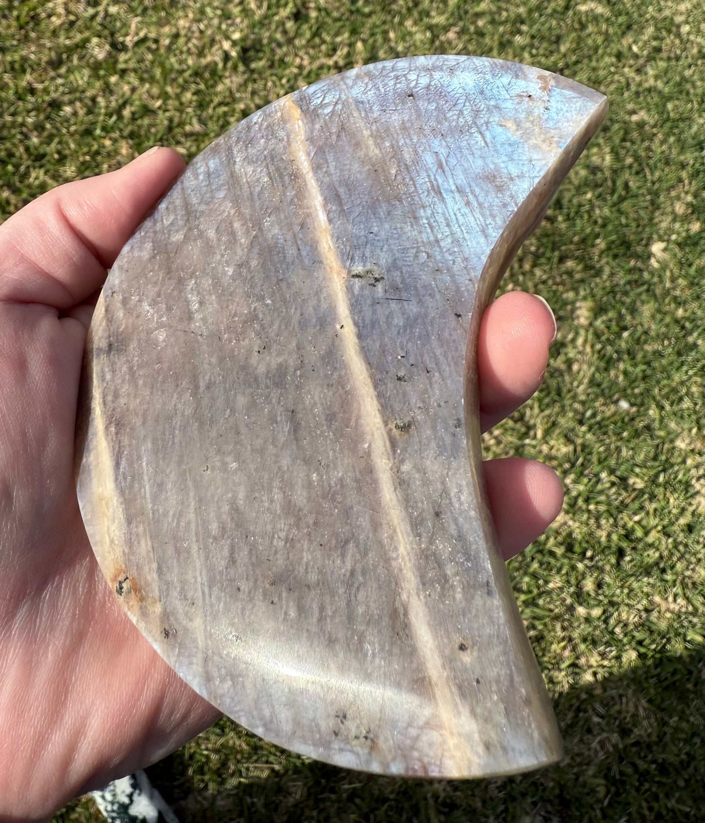 Blue Flash Moonstone with Sunstone Moon on Stand