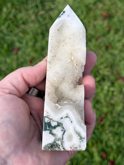 Moss Agate Druzy Tower – 12.5cm