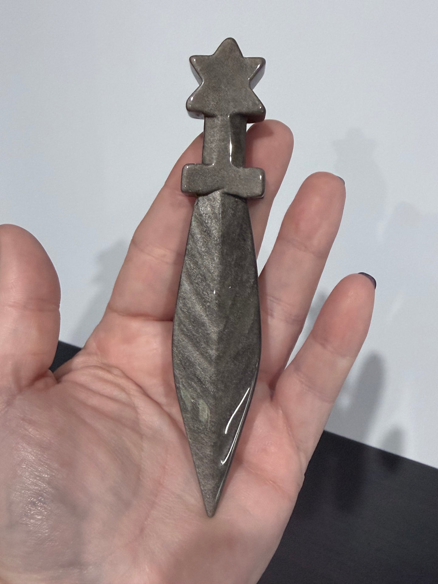 Silver Sheen Obsidian Dagger with Star Pommel – 13.5 cm