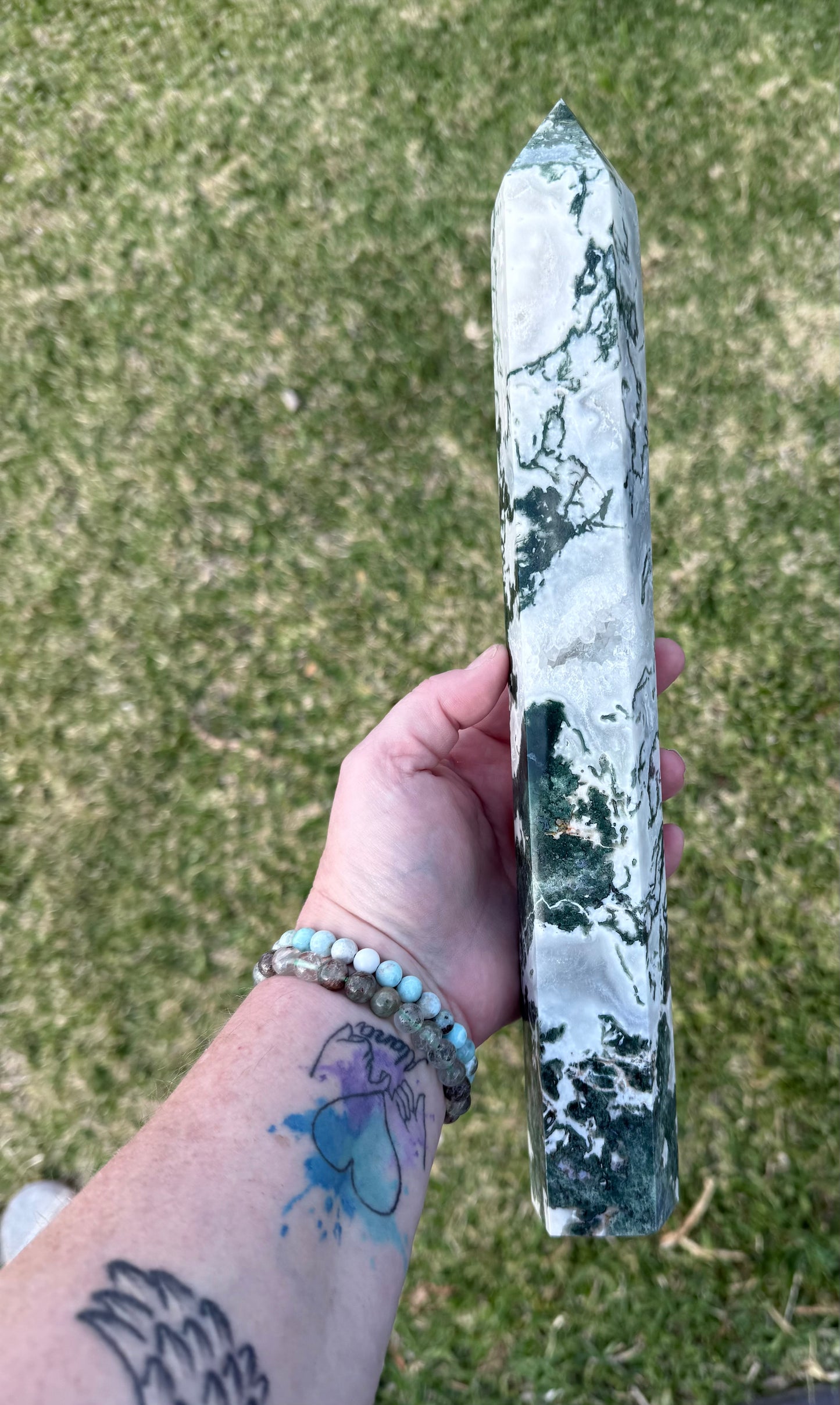 Extra Large Moss Agate Tower with Druzy 35cm 1.4kg