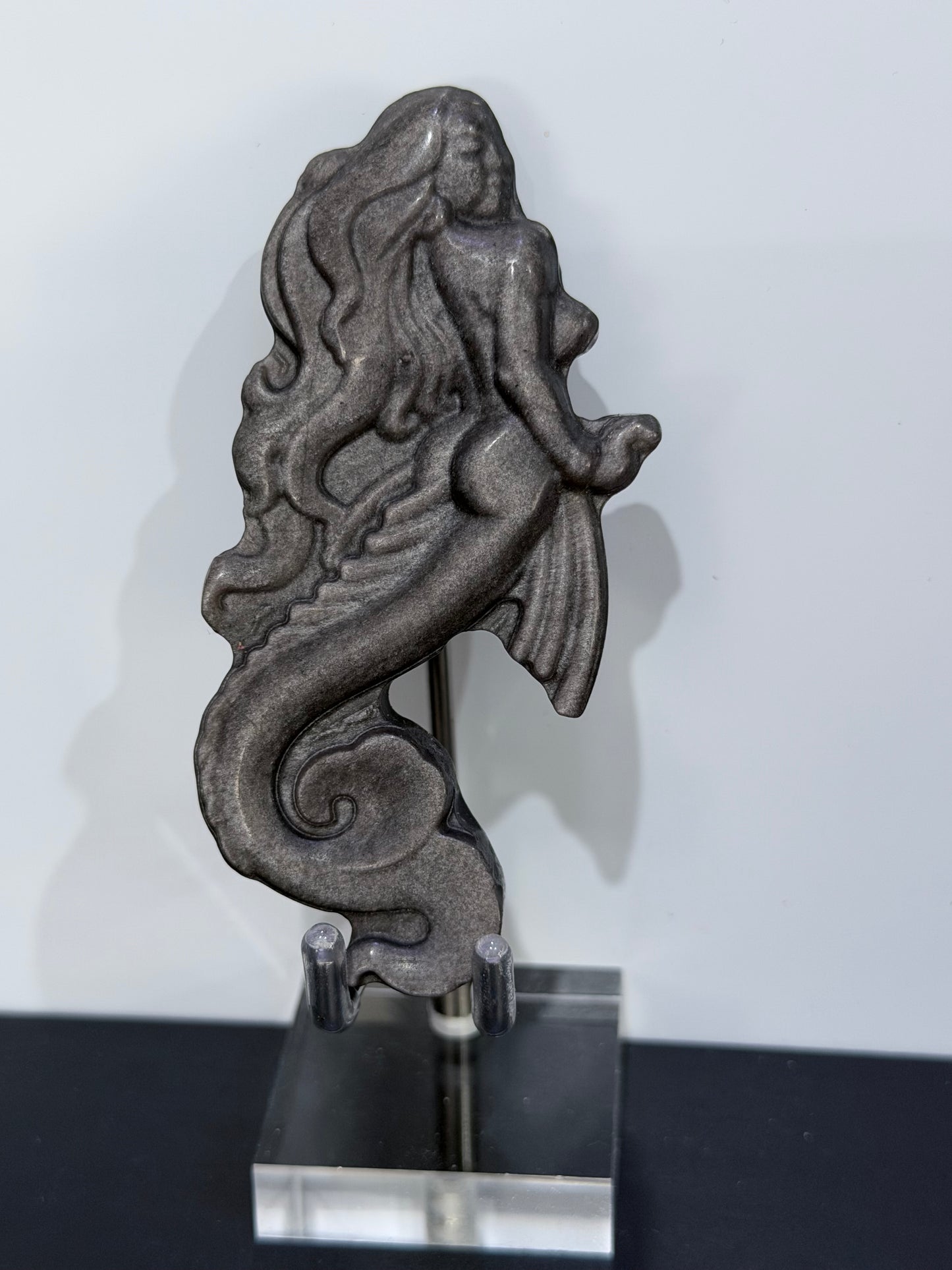 Silver Sheen Obsidian Mermaid Carving 8.7cm
