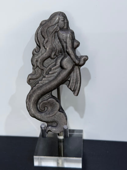 Silver Sheen Obsidian Mermaid Carving 8.7cm