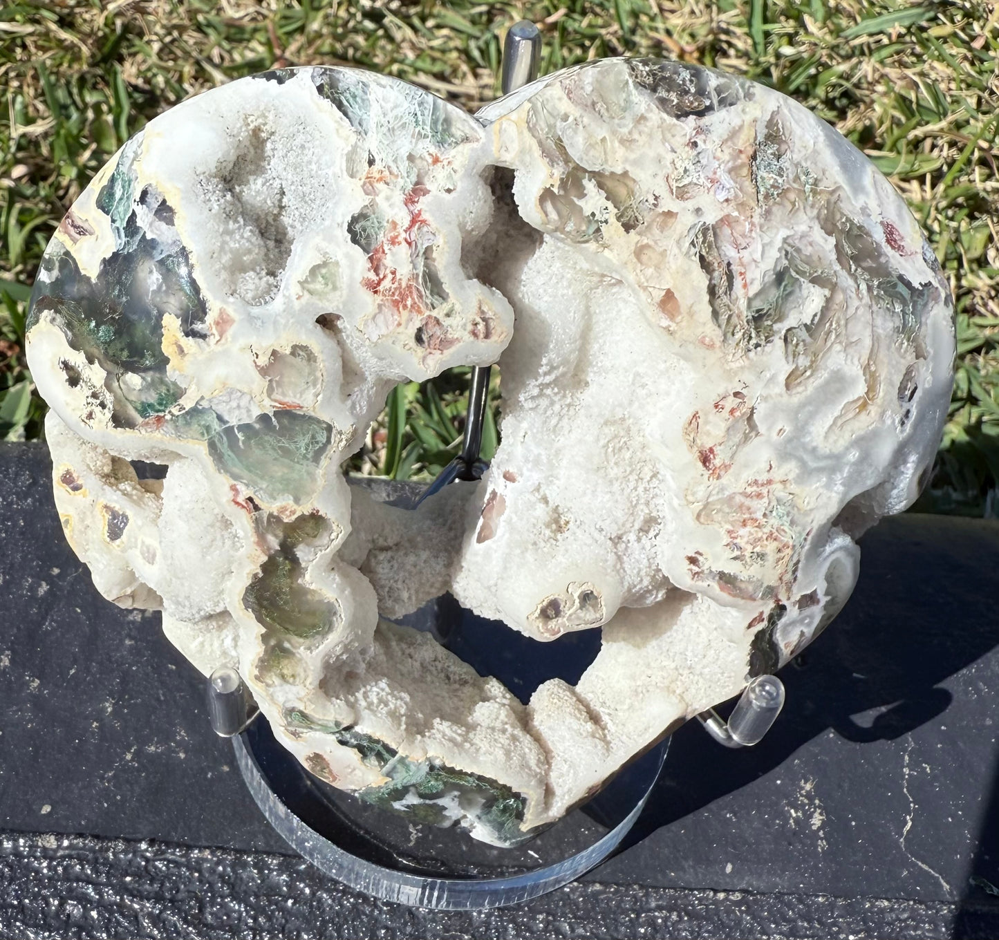 Unique Moss Agate Druzy Heart with Stand