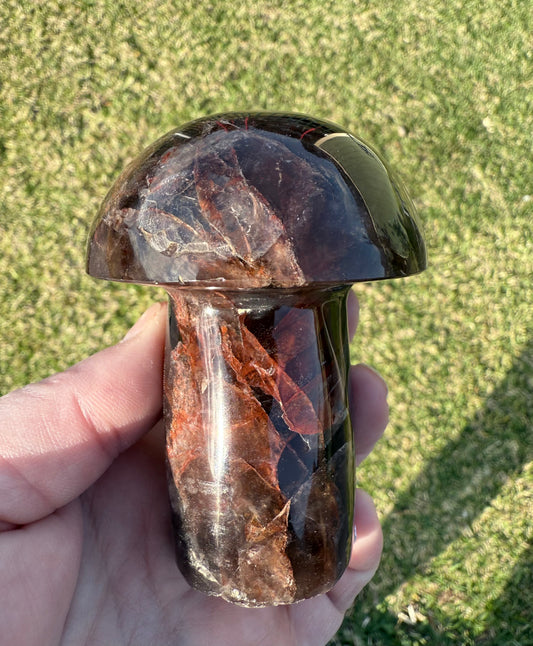 Red Fire Quartz in Smoky Quartz Mushroom