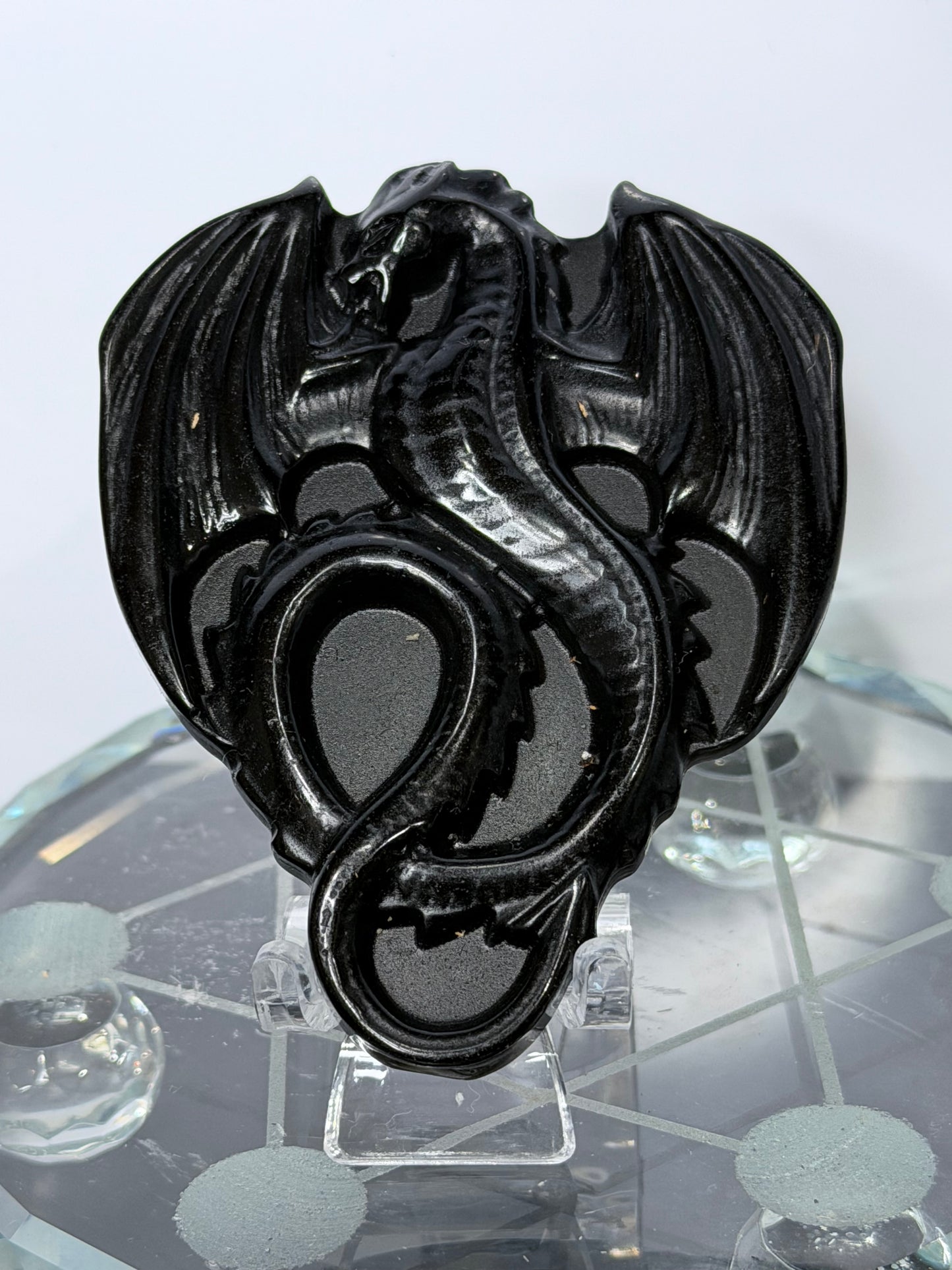 Black Obsidian Dragon Carving with Acrylic Stand – 8cm