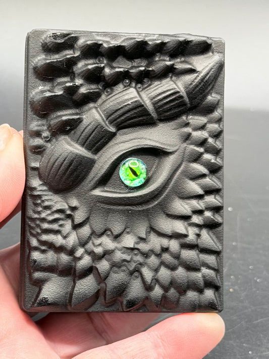 Black Obsidian Carved Dragon Book Green Eye