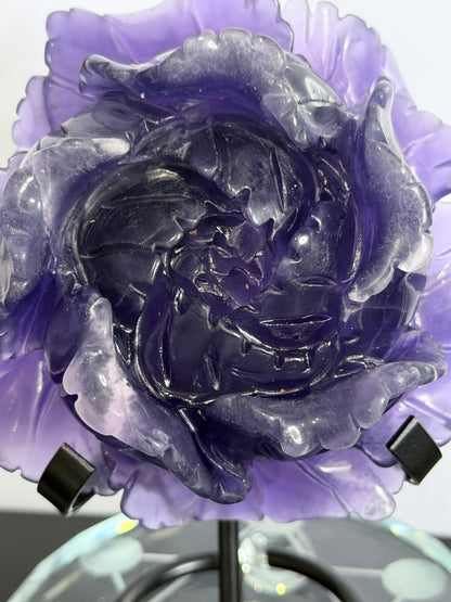 Purple Fluorite Rose Carving with Stand – 805g