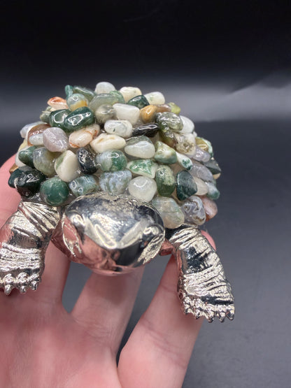 Moss Agate Crystal Turtle Lamp