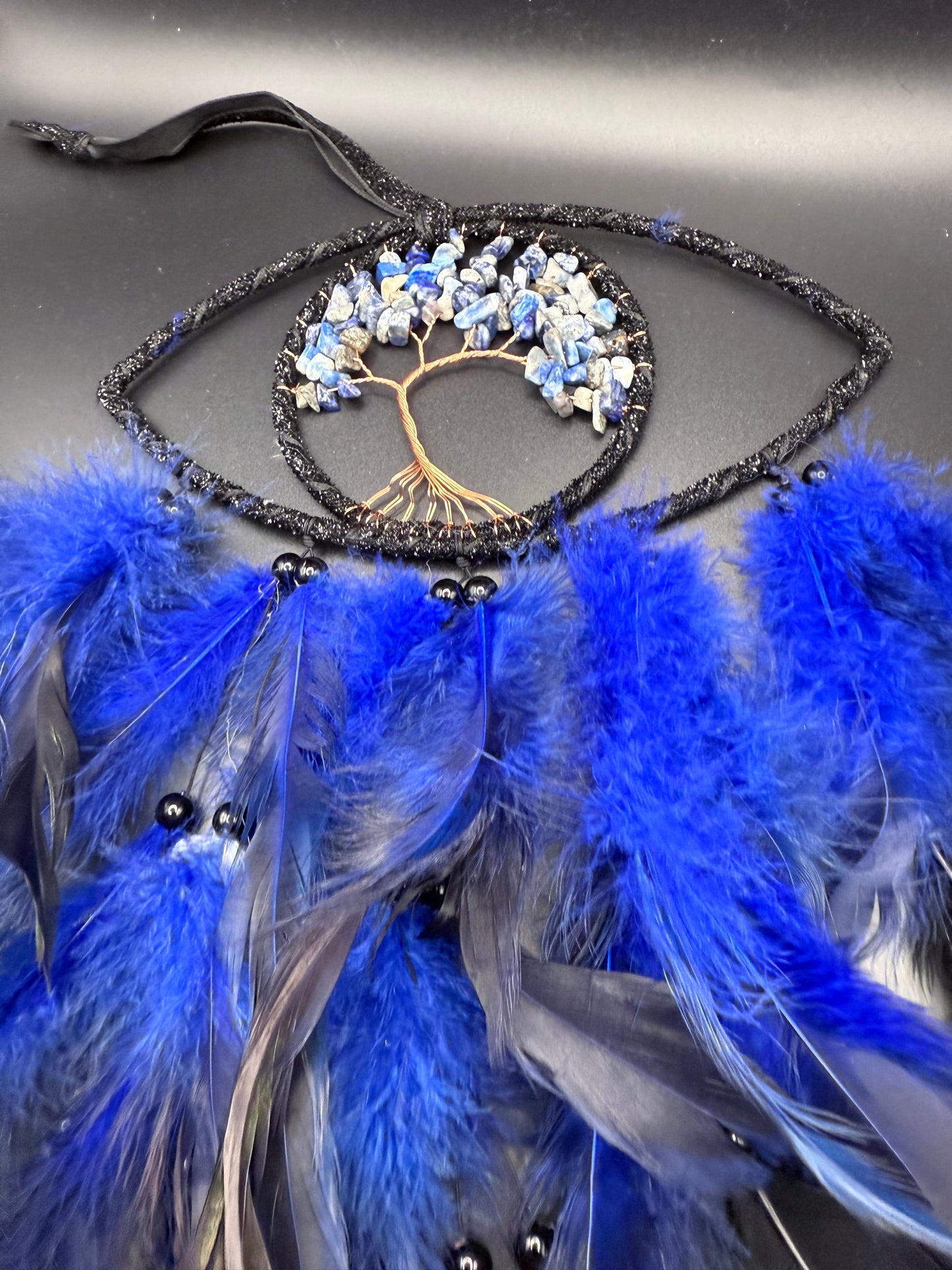 Blue & Black Dreamcatcher with Lapis Lazuli Tree of Life – 35cm