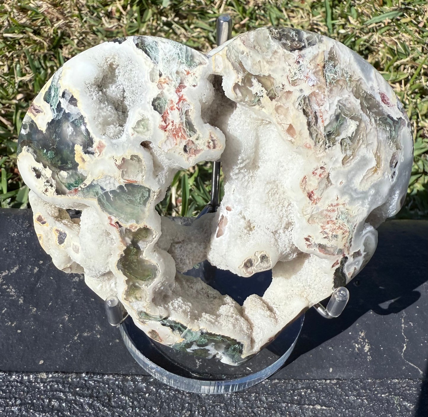Unique Moss Agate Druzy Heart with Stand