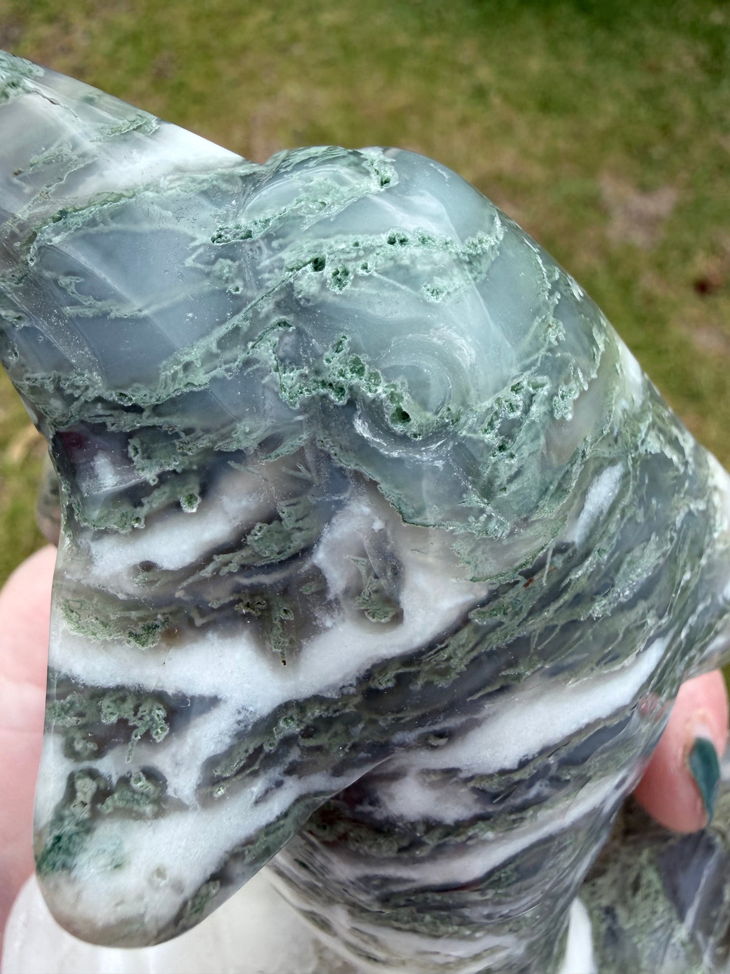 Moss Agate Dolphin Carving — 762g