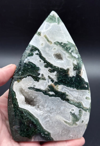 Moss Agate Freeform Point with Druzy Caverns