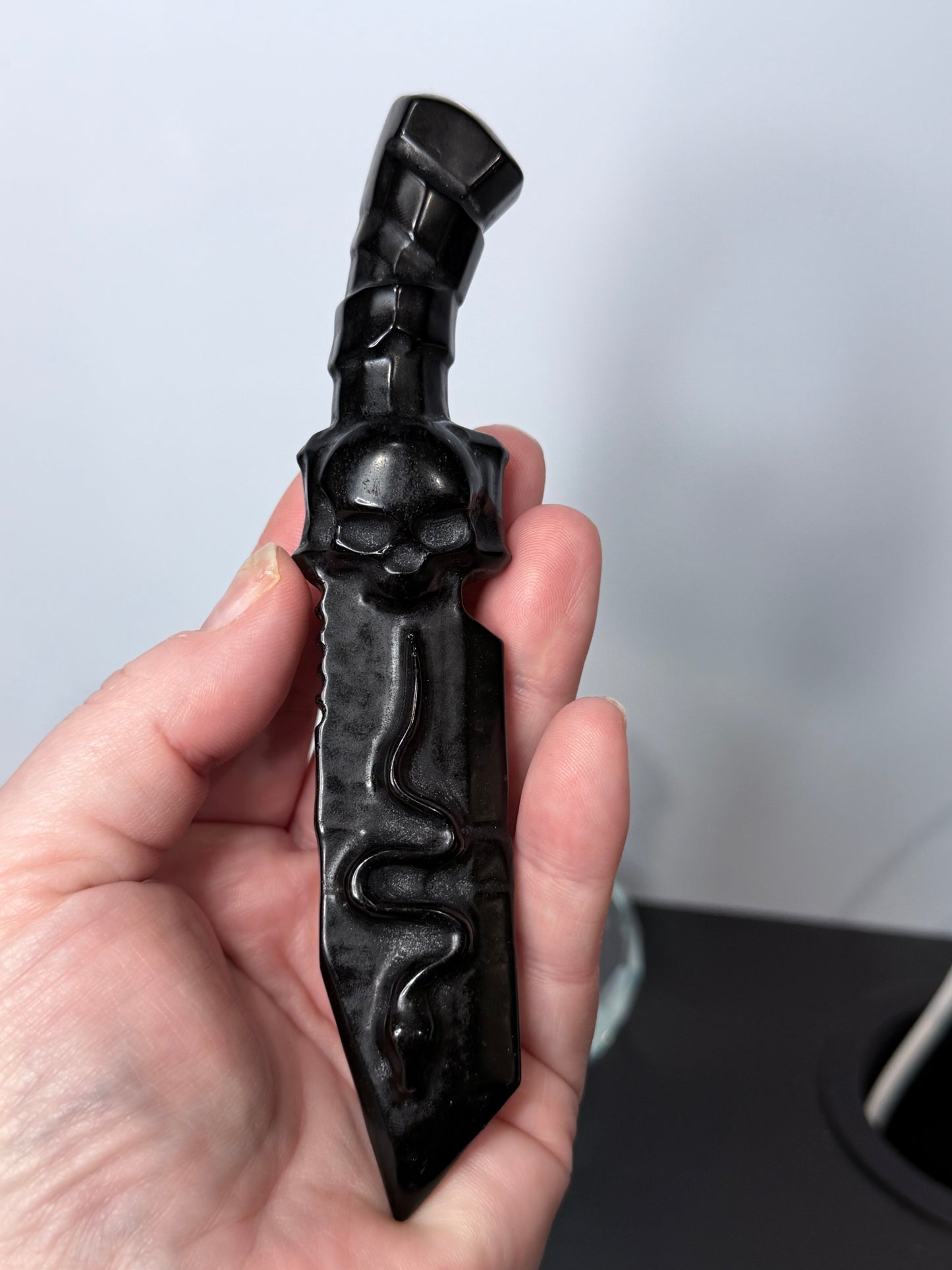 Black Obsidian Skull Dagger with Snake – 15cm