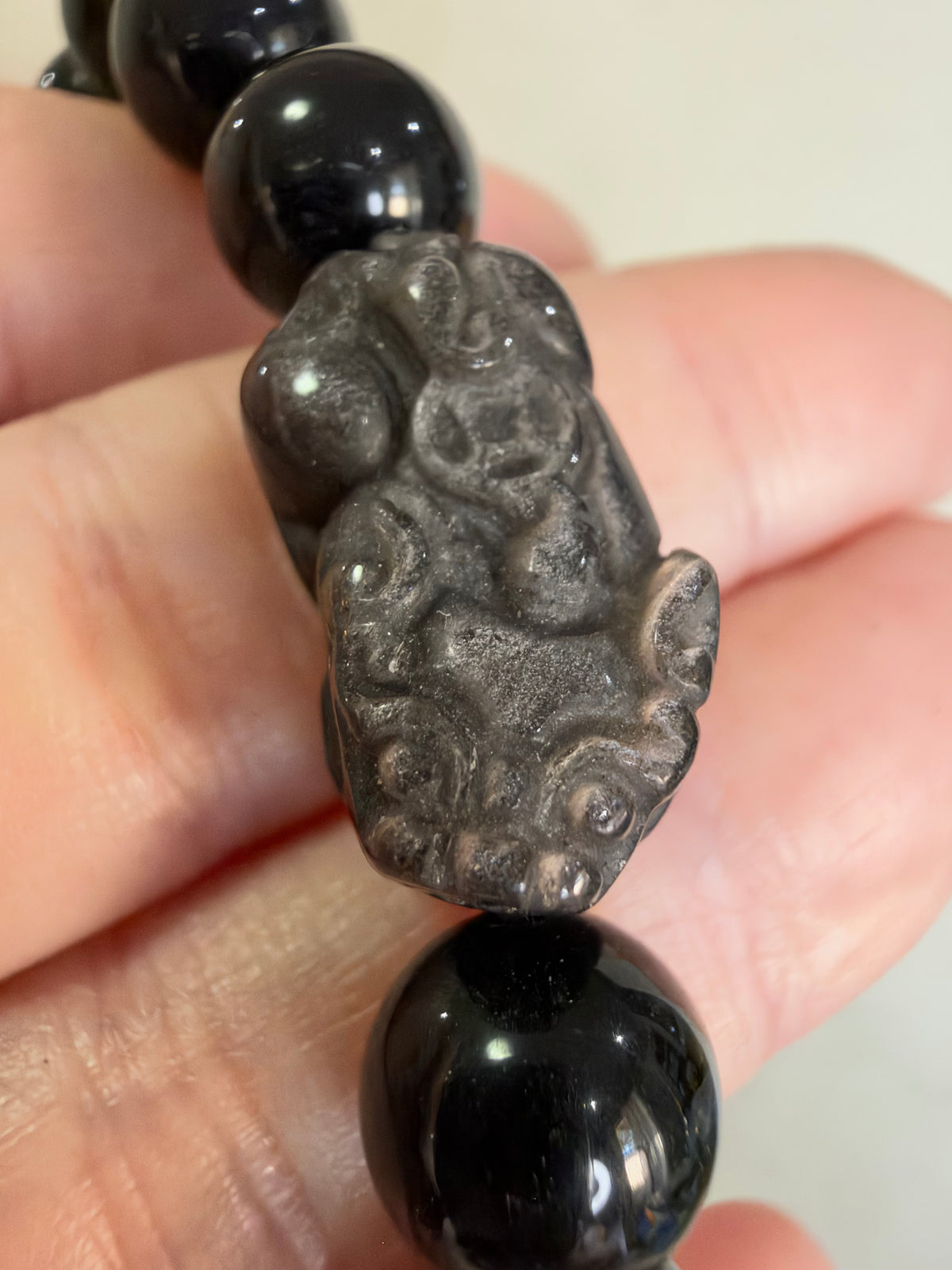 8mm Black Obsidian Bracelet with Silver Sheen Obsidian Pixiu