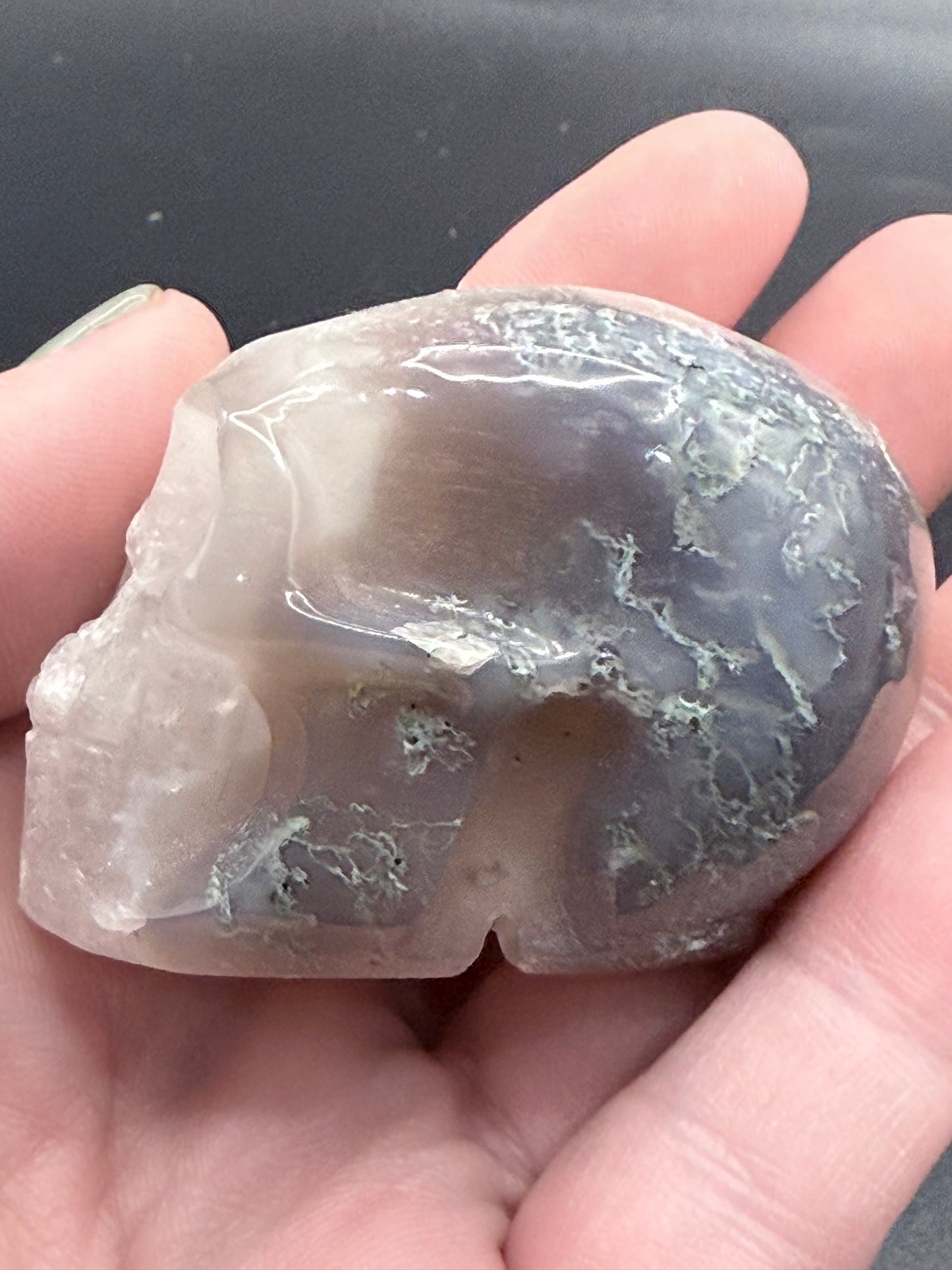 Moss Agate with Quartz Skull Carving – 120g | 5.5 × 5cm