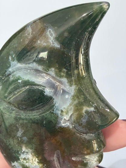 Moss Agate Moon Face Carving – 12.2cm