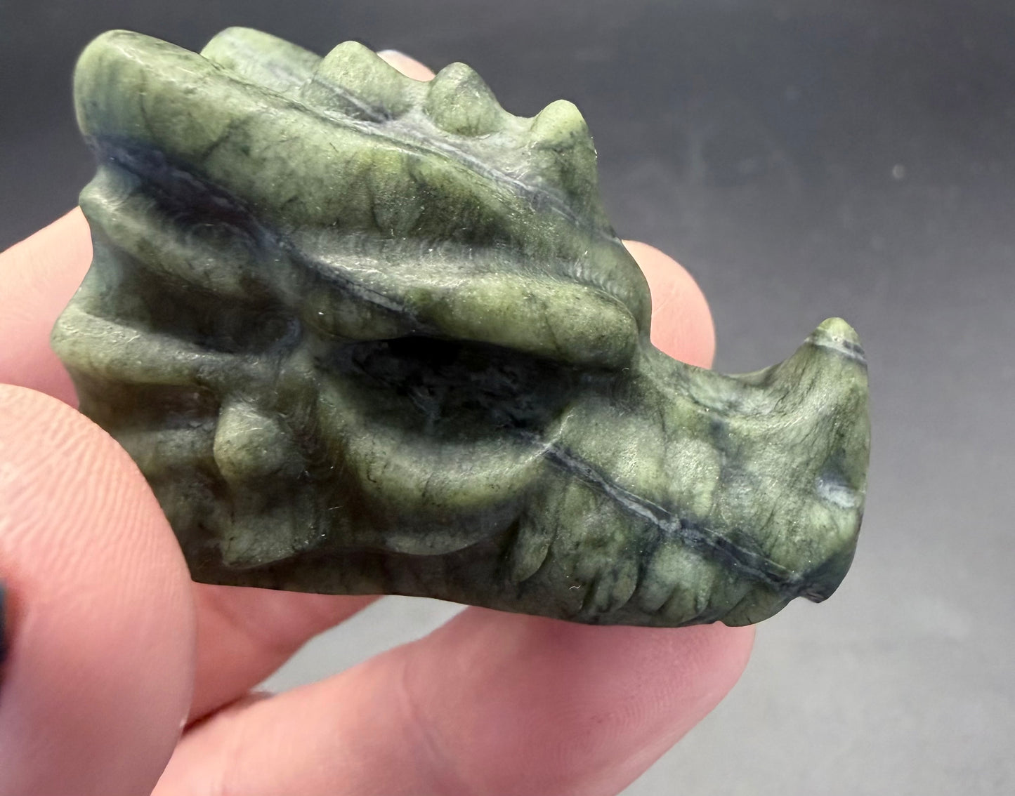 Serpentine Green Jade Dragon Head Carving