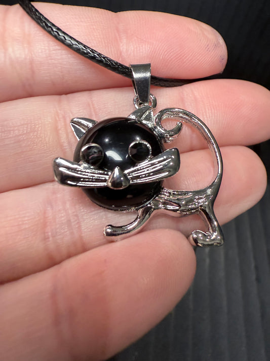 Cat pendant on Black Rope Necklace Chain