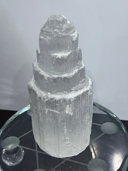 Selenite Tower Lamp with Colour-Changing LED Base – 10cm | 300g