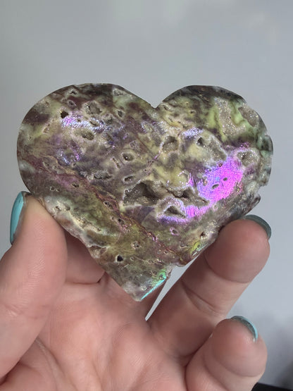 Aura Coated Sphalerite Heart with Natural Druzy Cave 135g 7.2x6.4cm D