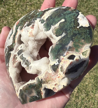 Unique Moss Agate Druzy Heart with Stand