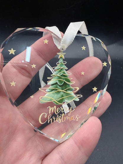 Glass Heart Ornament – Christmas Tree & Gold Stars