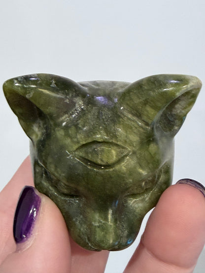 Green Serpentine Cat Head Carving – 5cm B