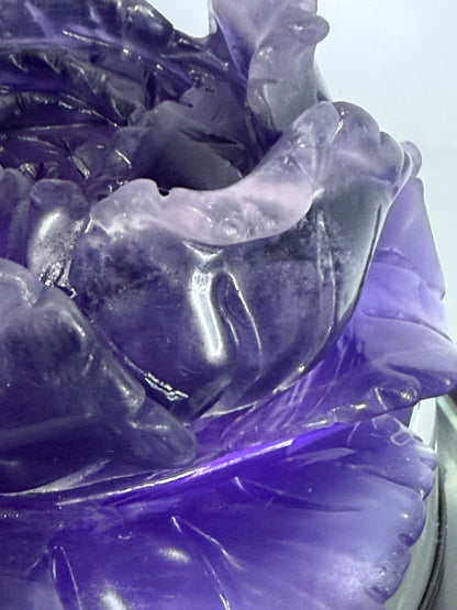 Purple Fluorite Rose Carving with Stand – 805g