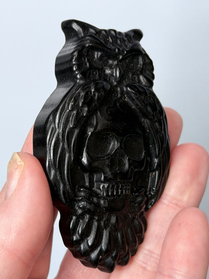 Black Obsidian Owl & Skull Carving with Acrylic Stand – 8cm