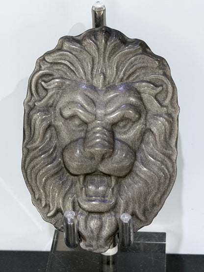 Silver Sheen Obsidian Lion Head Carving – 6.5cm