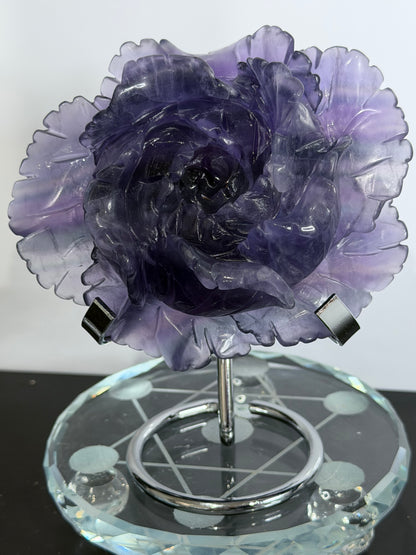 Rainbow Fluorite Rose Carving with Stand – 582g