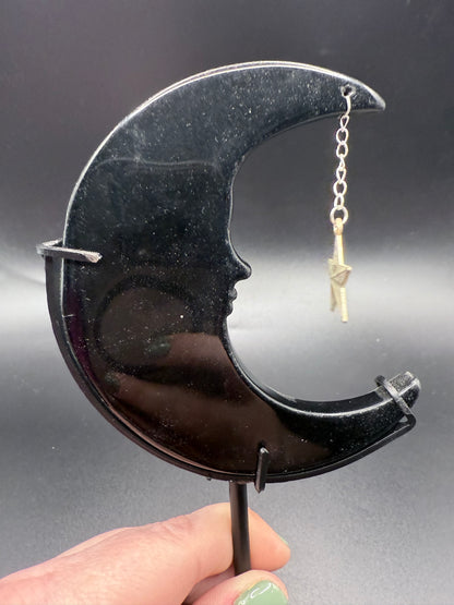 Black Obsidian Crescent Moon with Star