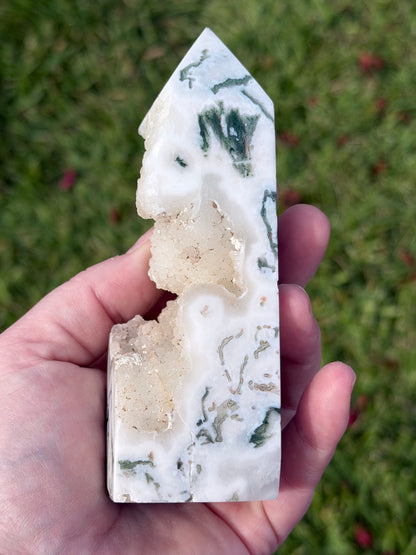 Moss Agate Druzy Tower – 12.5cm