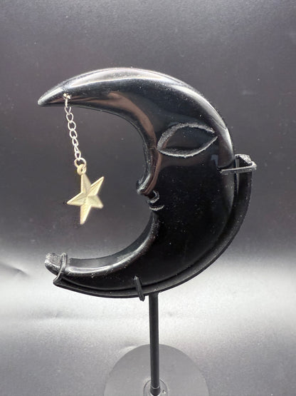 Black Obsidian Crescent Moon with Star