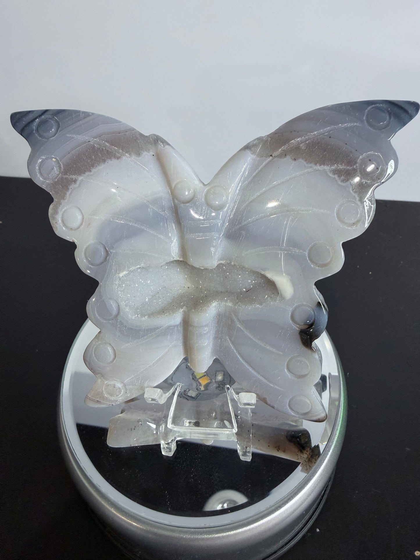 Agate Druzy Butterfly Carving with Acrylic Stand – 10cm | 135g