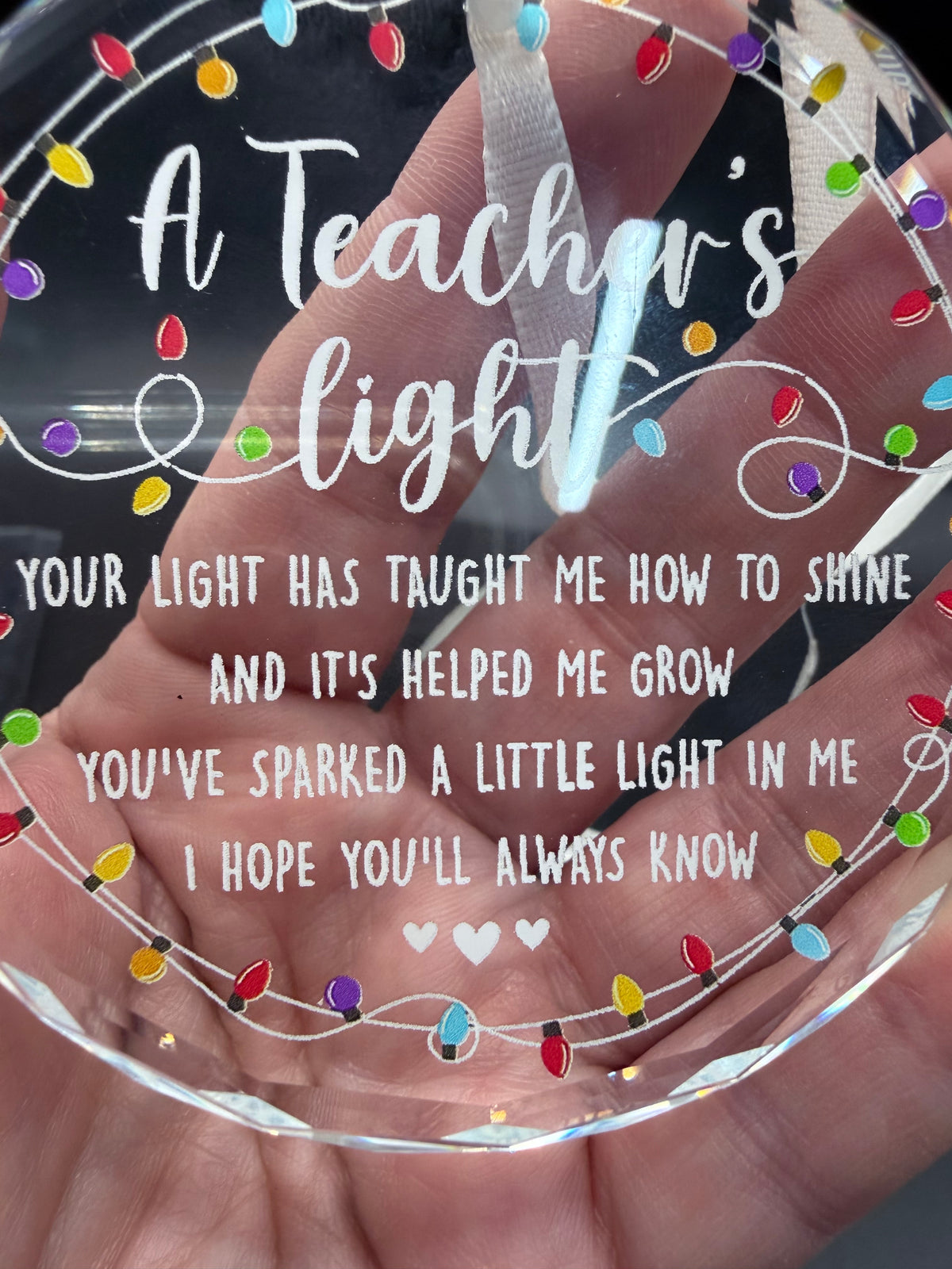 Glass Teacher Ornament – “A Teacher’s Light”