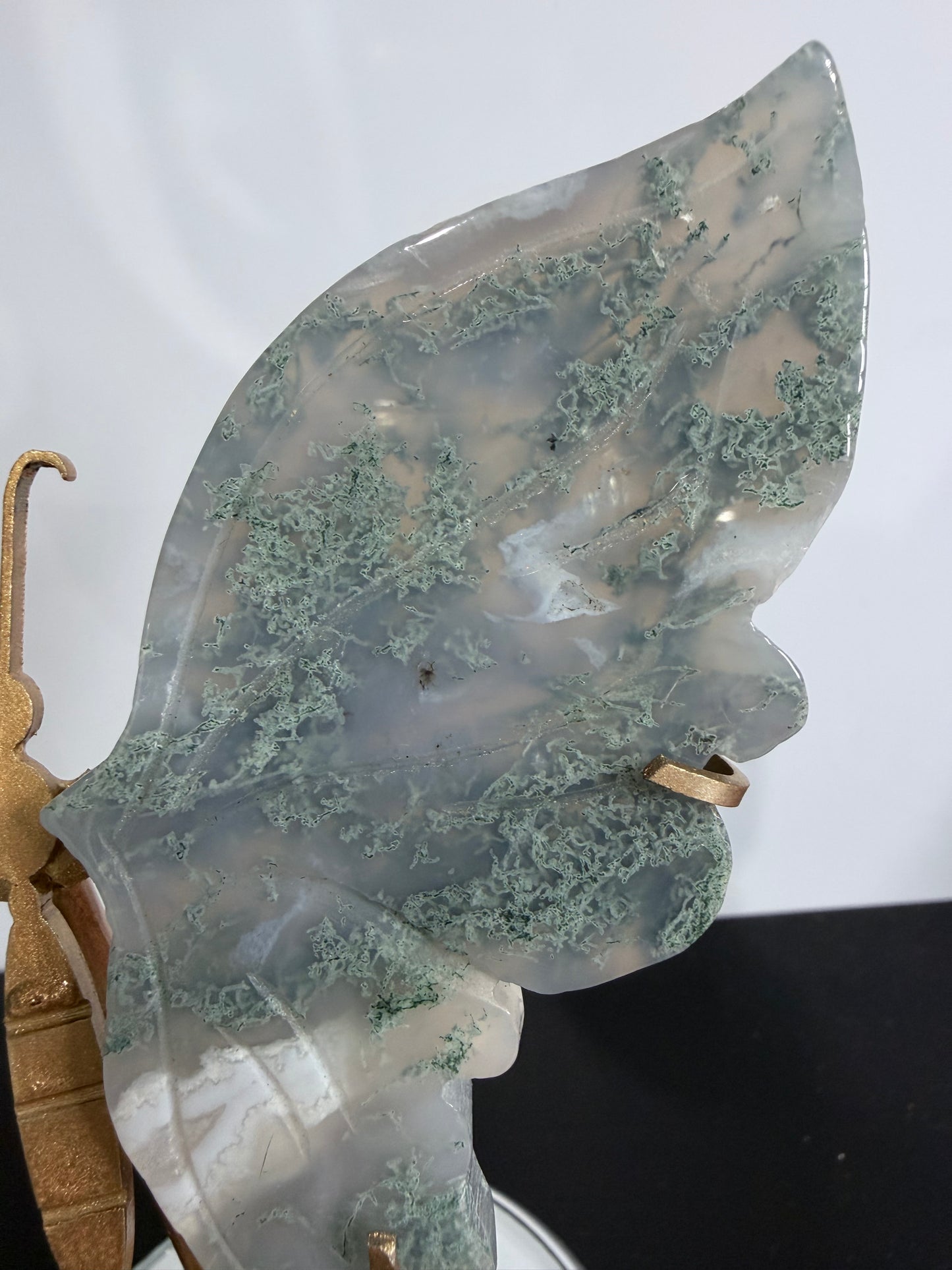 Moss Agate Butterfly Crystal Display on Stand – 16 cm