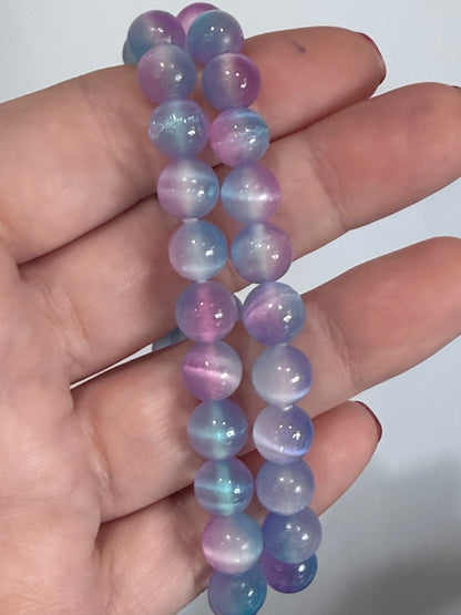 8mm Blue & Pink Selenite Bracelet – | Soft Dual Tone Satin Spar Glow - Encourages peace & relaxation