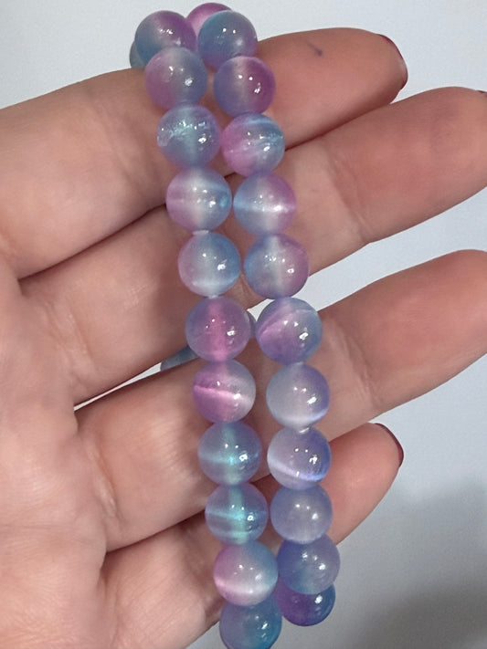 8mm Blue & Pink Selenite Bracelet – | Soft Dual Tone Satin Spar Glow - Encourages peace & relaxation